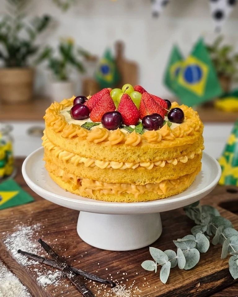 Bolo Célia Bakery decorado com frutas em publicação oficial